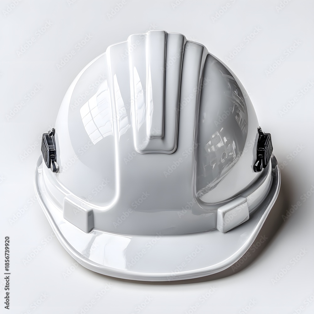 Fototapeta premium Close-up top view of a pristine white construction hard hat with glossy plastic texture isolated on a white background as safety equipment.