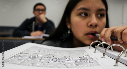 Young woman in a classroom setting, thoughtfully looking at a binder with a drawing, with another student in the background.