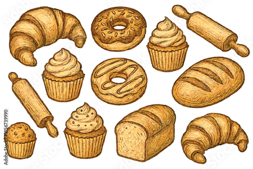 Sketch of Baked Goods on Golden Background