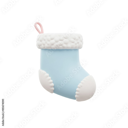 A 3D pastel blue Christmas stocking with fluffy white details and a pink loop, centrally placed against a transparent background with copy space, soft lighting, festive anticipation atmosphere