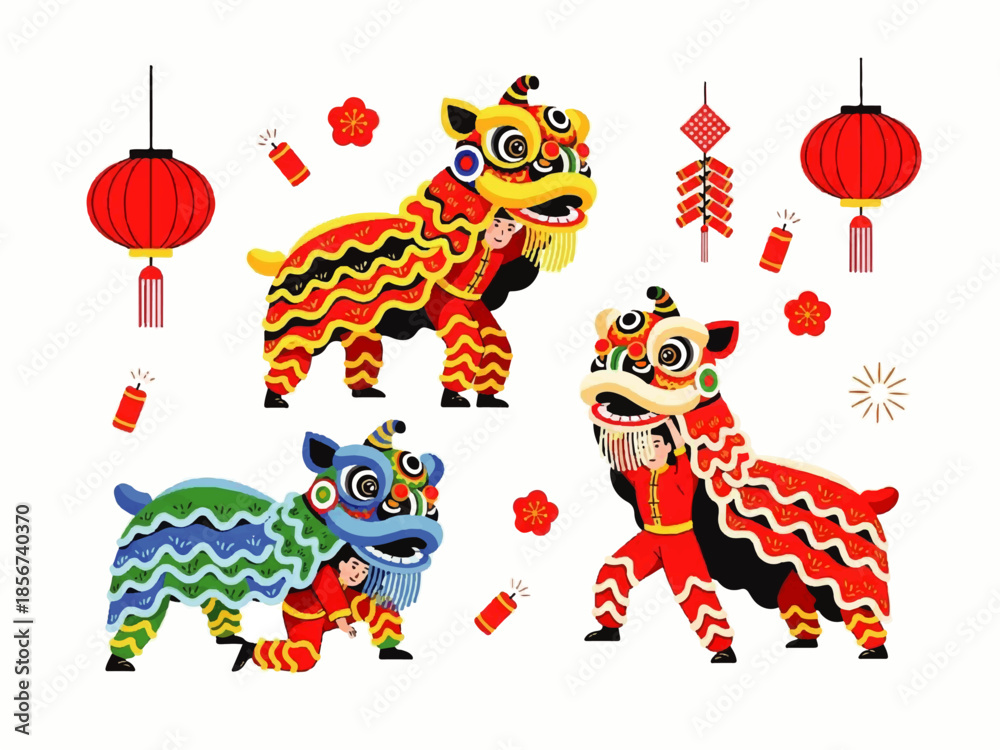 Naklejka premium Flat design illustration vector of colorful lion dance icons with red lanterns and decorations on a white background.