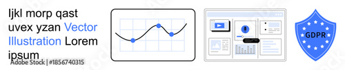 Data protection, GDPR compliance, digital analytics, cybersecurity, online privacy, secure websites. A blue GDPR shield, a line graph and a digital interface layout. GDPR compliance and data