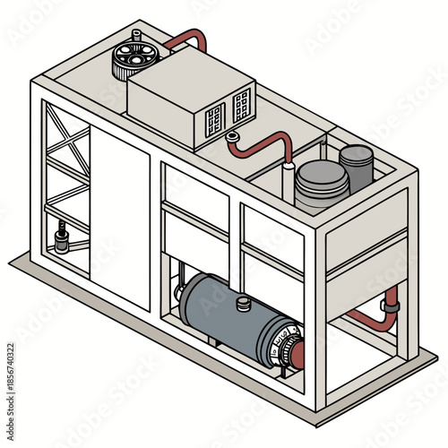 Isometric rendering of an industrial cooling unit with pipes tanks and a cylindrical component visible