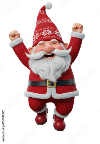 A joyful, energetic photorealistic 3D render of a male gnome with a long white beard, rosy cheeks, and festive red suit, jumping with fists raised against a transparent studio background. Holiday