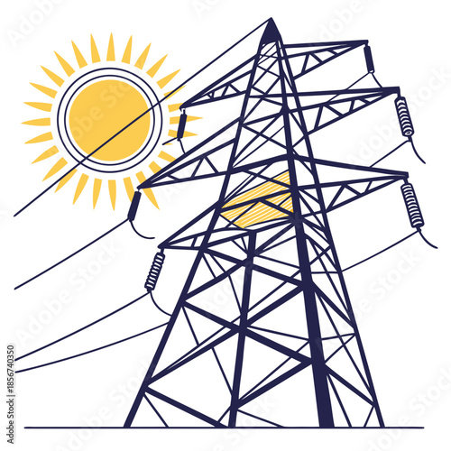 An illustration depicts a tall electrical transmission tower alongside a bright yellow sun radiating energy and power