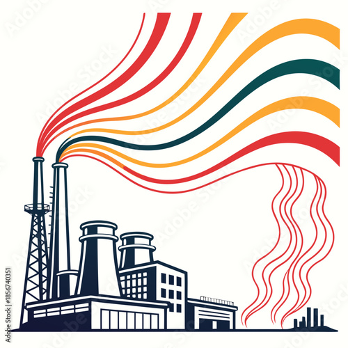 Industrial landscape with factory chimneys emitting colorful smoke plumes representing pollution and manufacturing processes high quality