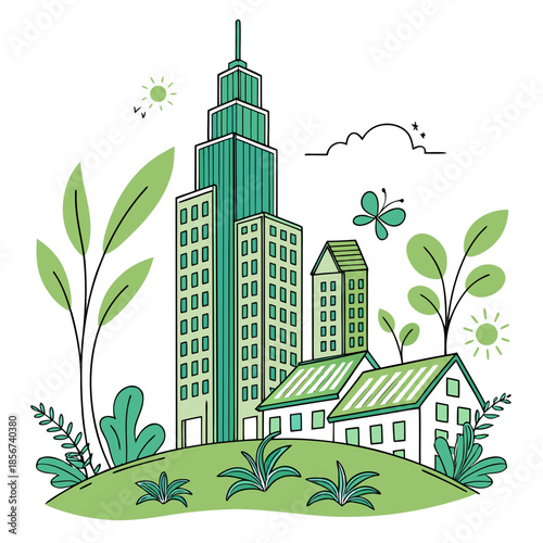 A green city illustration features a tall skyscraper smaller buildings plants and sunshine symbolizing eco friendly urban living