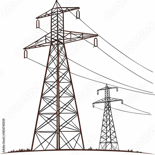A detailed illustration of high voltage transmission towers against a plain white background signifying power distribution