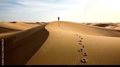 Solitary Figure on Desert Dune with Footprints Leading to Horizon.