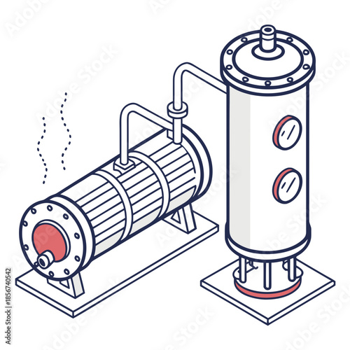 Isometric illustration of an industrial water heater with pipes gauges and steam rising from the system