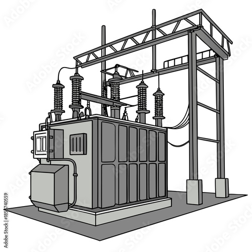 A detailed illustration depicts a gray electrical substation structure with multiple transformers and support beams