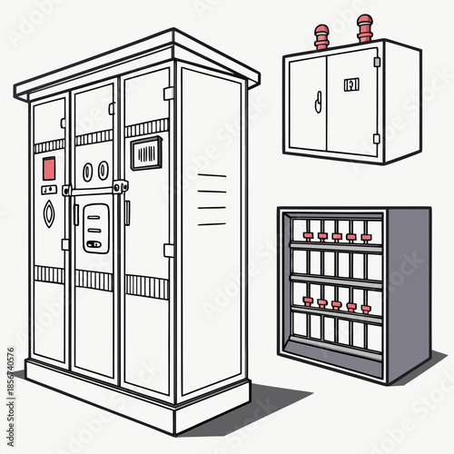 Illustration of three industrial electrical cabinets with varying designs and visible control panel components high quality