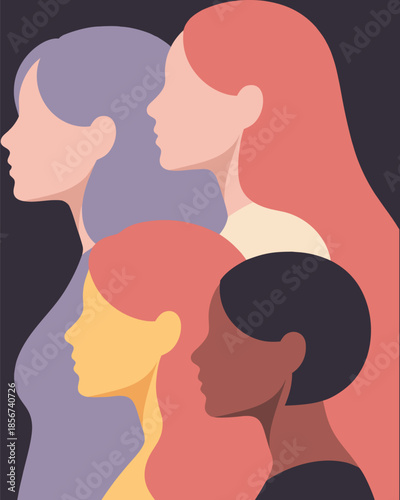 Four multicultural women in a supportive group pose for Women's Day celebration