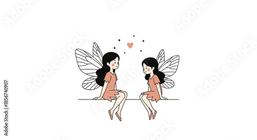 Two fairy girls sitting together with hearts