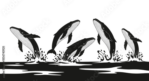 Whales breaching ocean surface monochrome outline