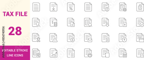 Tax file line icons set with editable stroke, clean outline symbols for finance documents, accounting, invoices and business records for UI UX web and app interface.