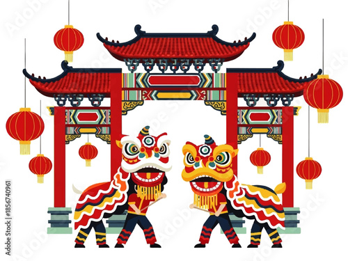 Flat design illustration vector of a traditional Chinese gate with lion dancers and red lanterns on a white background.