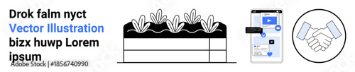 Gardening, collaboration, digital communication, teamwork, app interfaces, sustainable practices. A gardening box with plants, a mobile app interface and a handshake icon. gardening