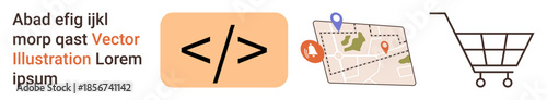 Web development, digital navigation, online shopping, business solutions, e-commerce platforms, coding. Code symbol, map with a pin and a shopping cart icon. Web development and digital navigation