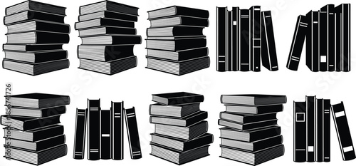 Vector Illustration of Stacked Books Silhouette Set, Featuring Various Library Book Piles and Row of Hardcover Textbooks for Education and Reading Concepts