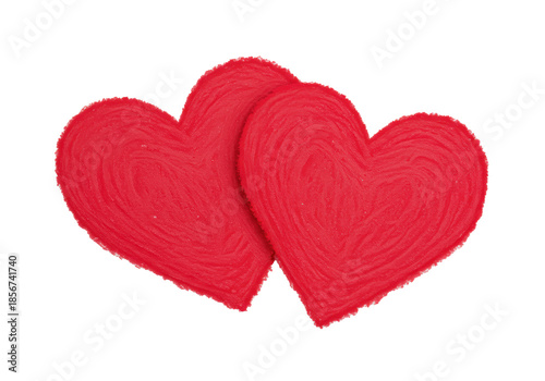 Two vibrant red, overlapping, hand-drawn hearts with crayon-like texture on a transparent background with ample copy space, a heartfelt depiction of love and connection