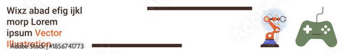 Automation, gaming, robotics, technology innovation, control systems, machinery. Robotic arm and green game controller are . Automation and gaming innovation concepts