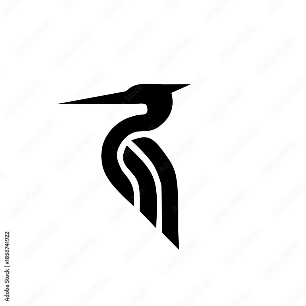 Obraz premium Elegant minimalist heron silhouette with clean geometric lines. This professional black and white bird design embodies grace and precision, perfect for branding.