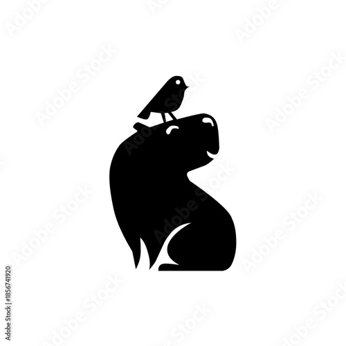 Cute minimalist silhouette of a capybara with a small bird perched on its head. This charming black and white animal design evokes a sense of friendship and tranquility.