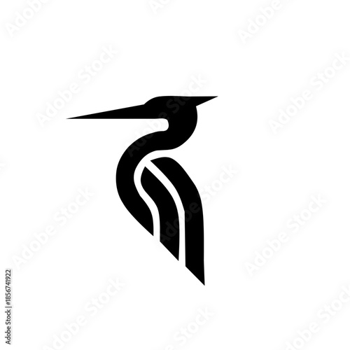 Elegant minimalist heron silhouette with clean geometric lines. This professional black and white bird design embodies grace and precision, perfect for branding.
