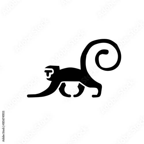 Minimalist monkey silhouette with a long, stylish curled tail. This clean black and white animal design represents agility and playfulness, ideal for modern branding.