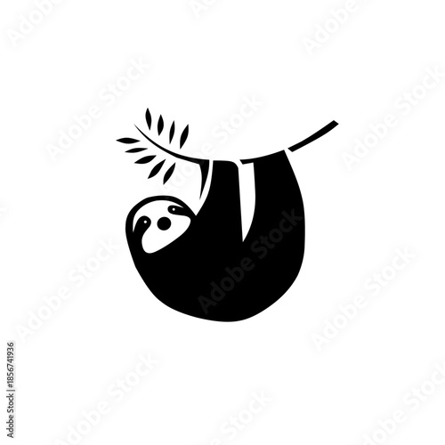 Charming minimalist sloth silhouette hanging peacefully from a leafy tree branch. A clean black and white design perfect for nature lovers and eco-friendly branding.