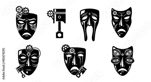 Striking steampunk masks for creative projects, conveying drama, artistry, and mechanical themes perfect for artistic designs and imaginative concepts, originally vector