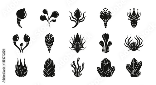 Enchanting black botanical elements, ideal for fantasy designs, mysterious themes, and magical projects, from otherworldly plants to gleaming gems
