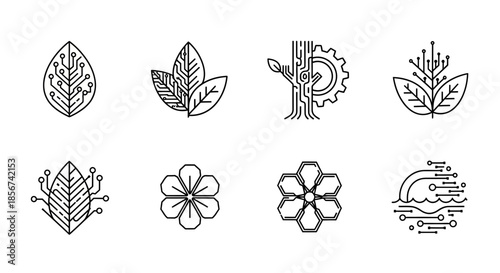 Eco Tech Line Art Icons for Sustainable Innovation, Modern Green Technology Concepts, Clean Energy Solutions, and Environmental Engineering with a Vector Origin