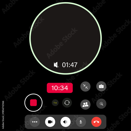 Modern dark mode mobile video call interface displaying a muted timer, current time, and essential controls like record, microphone, and end call buttons on a black background.