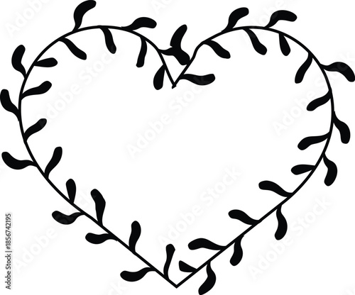 Floral heart frame vector illustration. Black and white drawing of a heart shape formed by leaves, and vines. Romantic design for couple, wedding, valentine day, print, greeting card and T- shirt