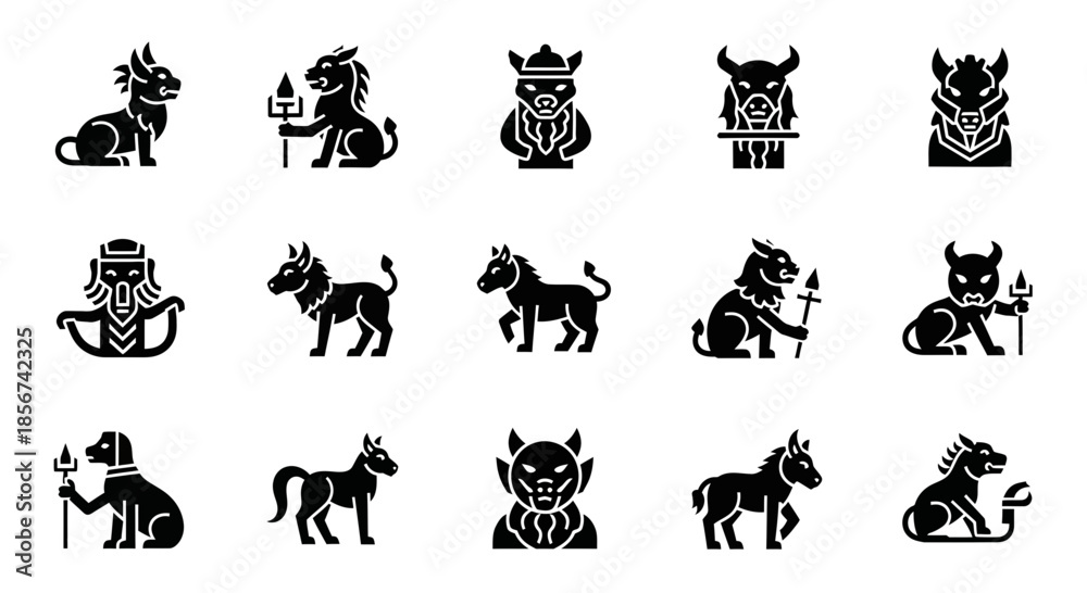 Obraz premium Collection of mythical creatures and mythological beasts icons representing ancient folklore and fantasy legends