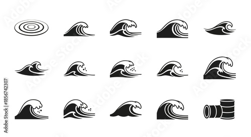 Dynamic wave and water ripple icons capture ocean power and energy for design projects