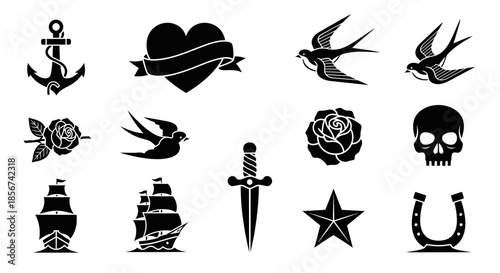 Classic tattoo designs featuring nautical anchors, hearts, swallows, roses, skulls, daggers, ships, stars, and horseshoes for artistic projects.