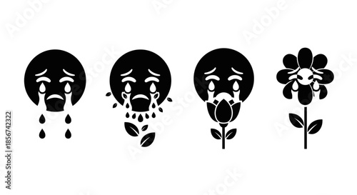 Expressing profound sadness and grief through evocative crying faces and wilting flower icons, conveying deep emotional distress and loss