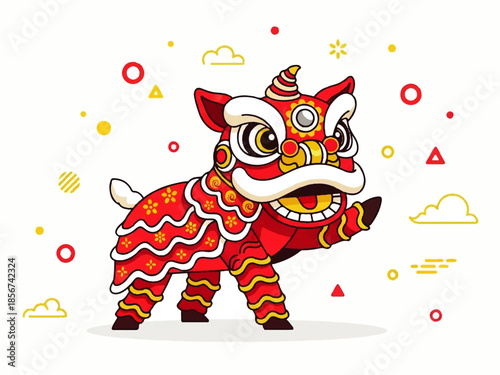 A vibrant Flat Design Ilustration Vector of a stylized lion dance creature surrounded by colorful geometric shapes and symbols on a white background.