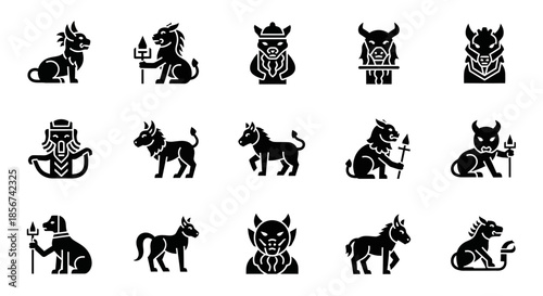 Collection of mythical creatures and mythological beasts icons representing ancient folklore and fantasy legends