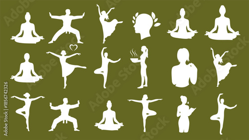 yoga poses silhouettes collection with zen meditation and healthy lifestyle exercise positions