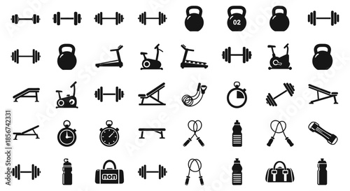 Dynamic collection of essential gym equipment icons for fitness branding and workout motivation