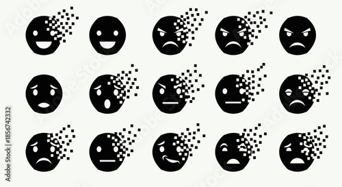 Dynamic emotional icons dissolving into pixels, conveying transformation, data, and modern expression of feelings