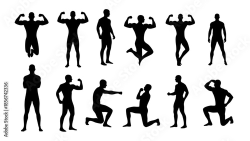 muscular man bodybuilding poses and fitness gym workout silhouettes in various positions