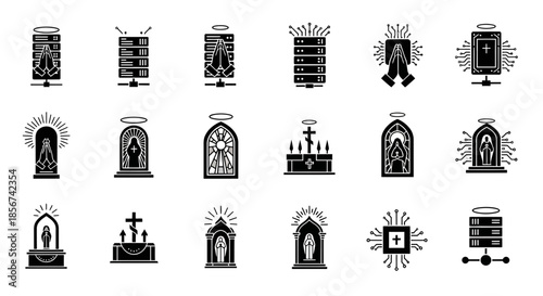 Divine technology icons blend faith and innovation showcasing prayer, servers, and circuitry for spiritual digital concepts