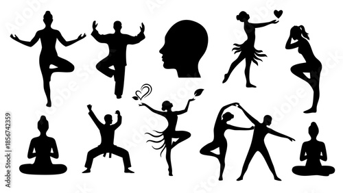 creative dance and yoga silhouettes with head profile for artistic expression design