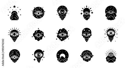 Mystical All Seeing Eye Symbols and Celestial Icons for Unique Design Projects and Spiritual Branding