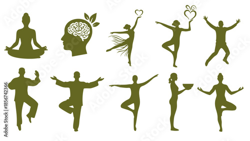 yoga poses and green lifestyle silhouettes for wellness meditation and healthy living